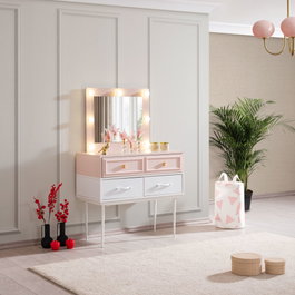 Hanah Home Mesa de Maquillaje Rosa y Blanco con Luces LED